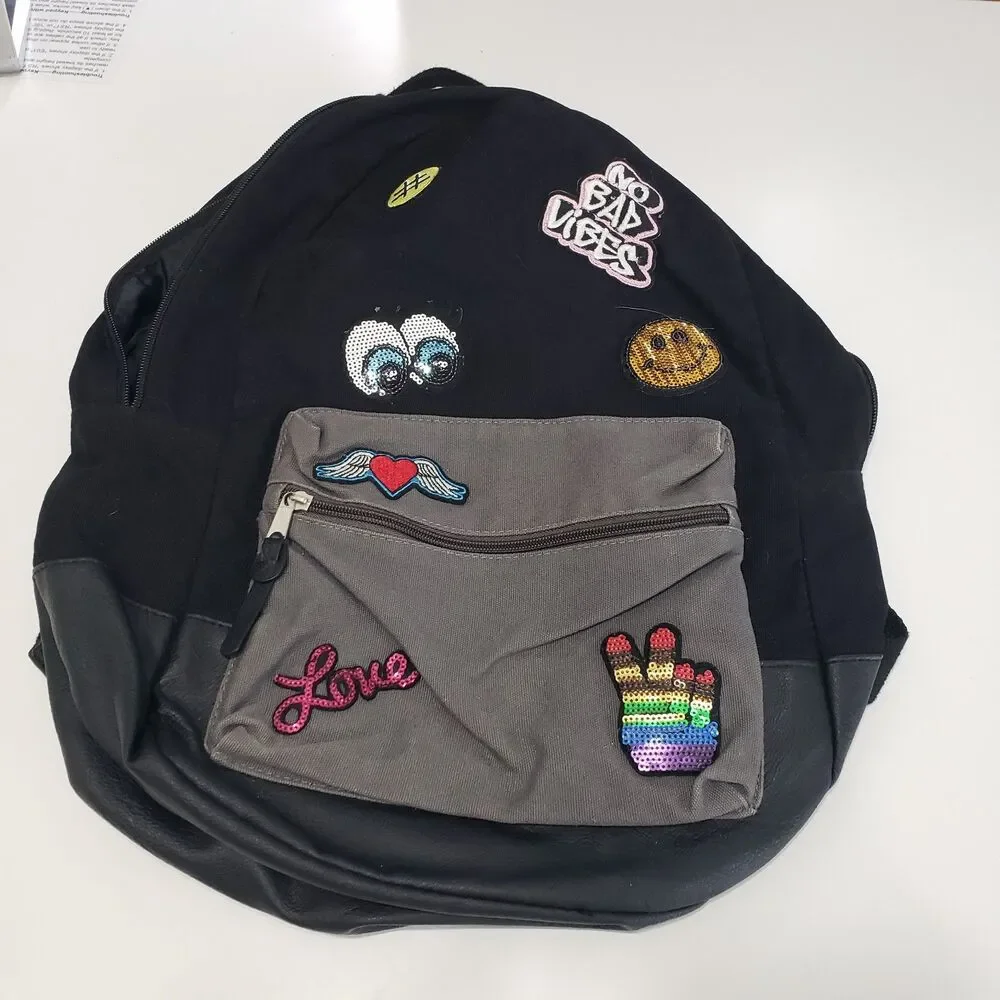 Black and Grey Fun Backpack with Decor, Approx. 17 x 12 x 6
